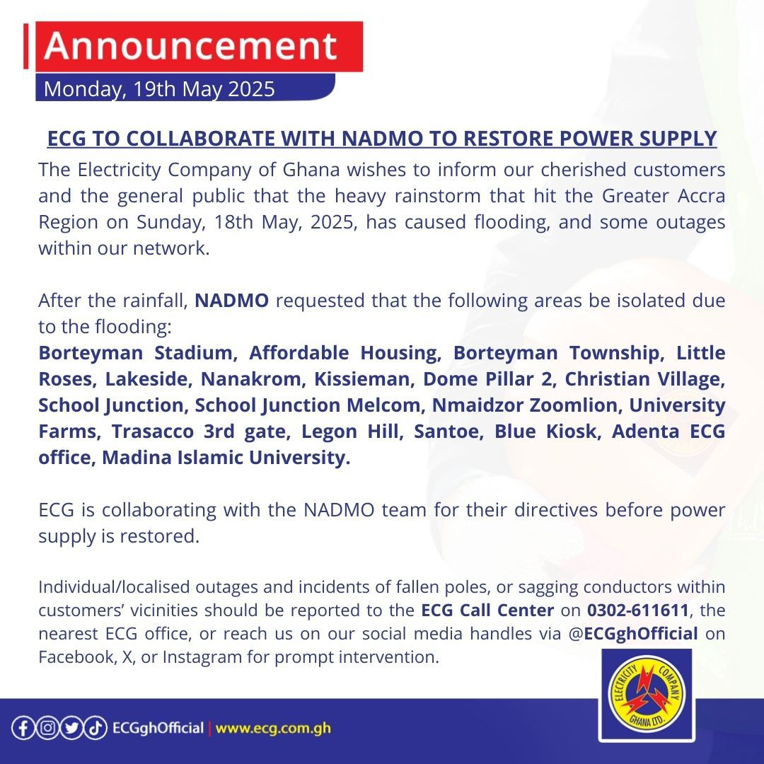 ECG collaborates with NADMO to safely restore power after Accra Floods - Nsemkeka