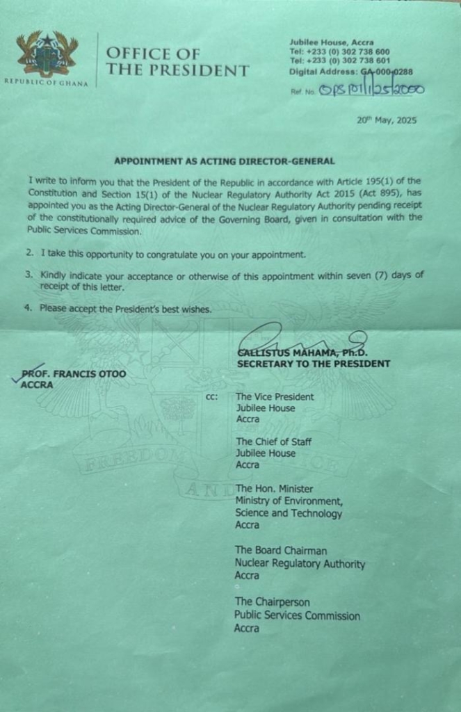 Prof Francis Otoo appointed Ag. Director-General of Nuclear Regulatory Authority - Nsemkeka