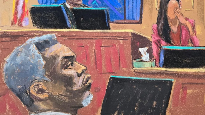 In a courtroom sketch, Sean "Diddy" Combs listens as "Jane" continues her testimony during his sex trafficking trial in New York City.