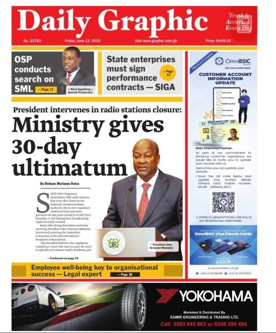 Today’s Front pages : Friday, June 13, 2025 - Nsemkeka